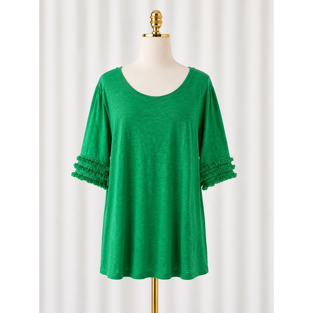Belle Kim Gravel Slub Knit Elbow Sleeve Top with Triple Fringe 3X Kelly Green